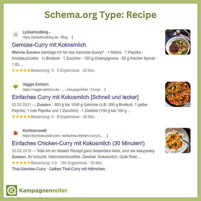 Google Screenshot von Rezept-Rich Snippets für ein Curry