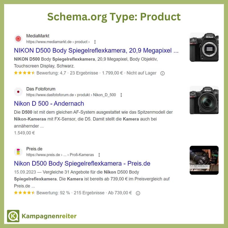 Google Screenshot eines Product-Rich Snippet über die Kamera Nikon D500